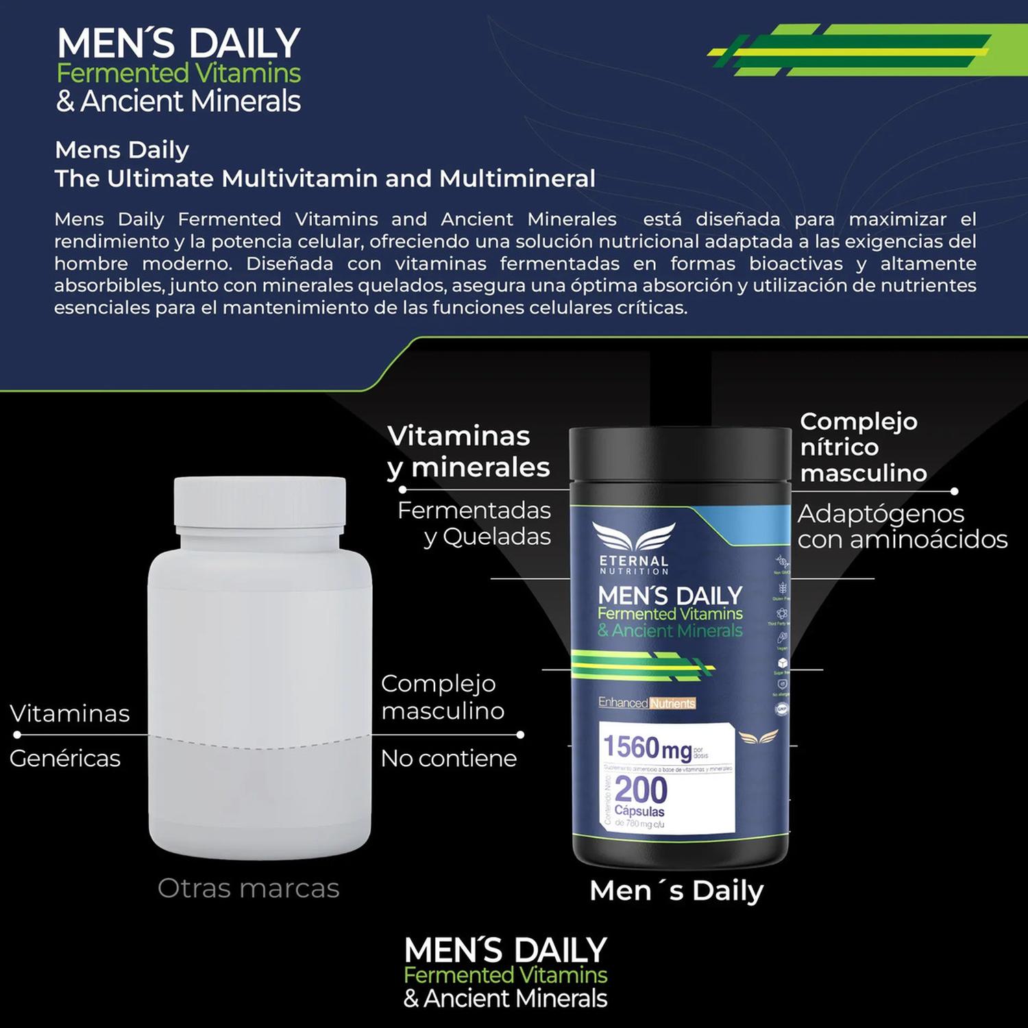 Men's Daily: Multivitamínico 4 en 1: Vitaminas, Minerales, Complejo B y Adaptógenos, 200 Cápsulas — imagen 3