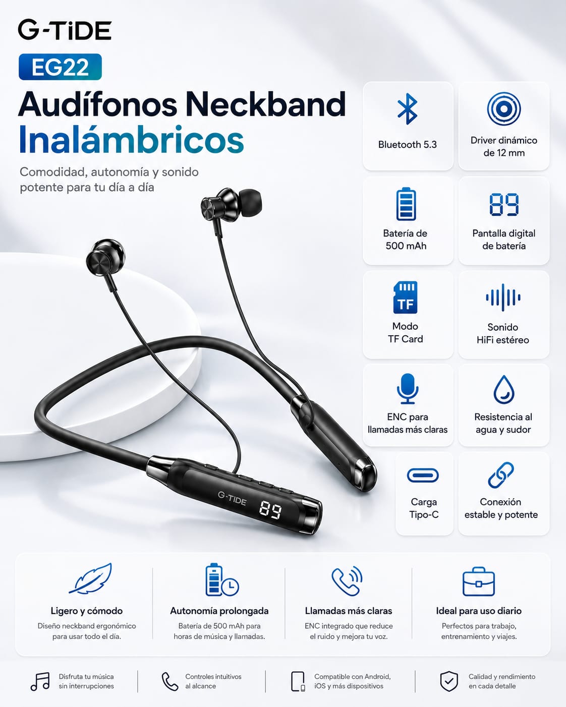 G-Tide EG22 Audífonos Neckband inalámbricos, micrófono, pantalla digital — imagen 9