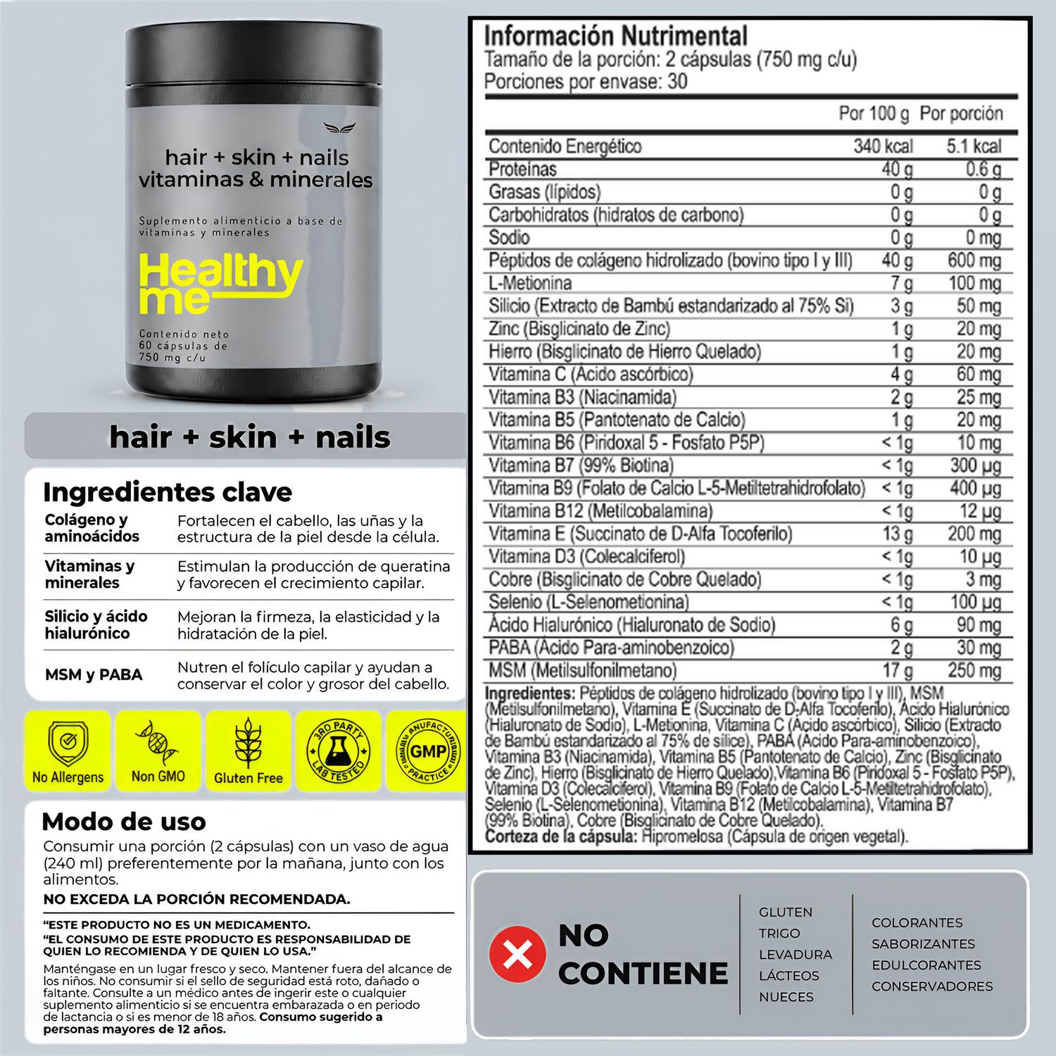 Healthy Me: Colágeno Hidrolizado, Biotina y Ácido Hialurónico para Cabello, Piel y Uñas, 60 Cápsulas — imagen 6
