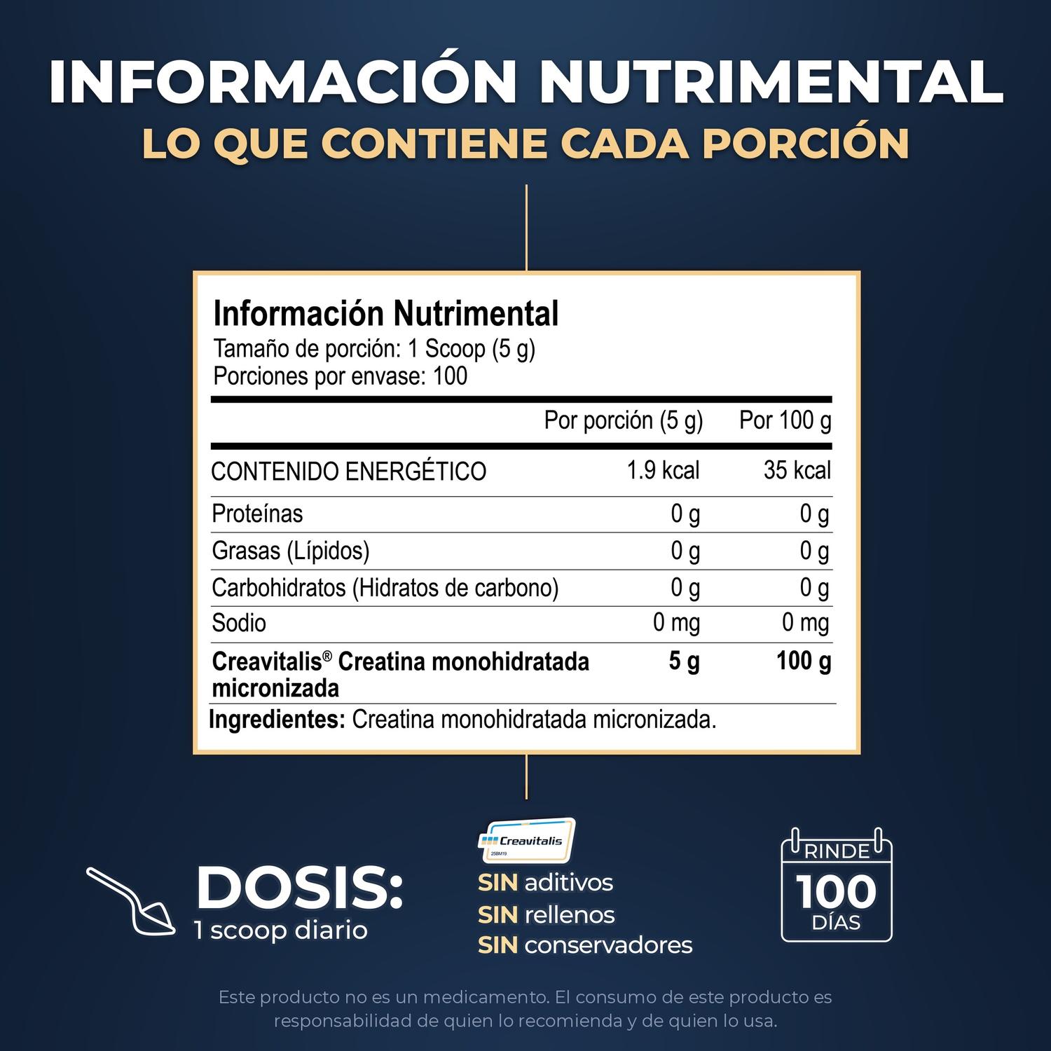 Creatina Monohidratada Micronizada Creavitalis, Sin Sabor, 500 g, 100 Porciones de 5 g — imagen 9