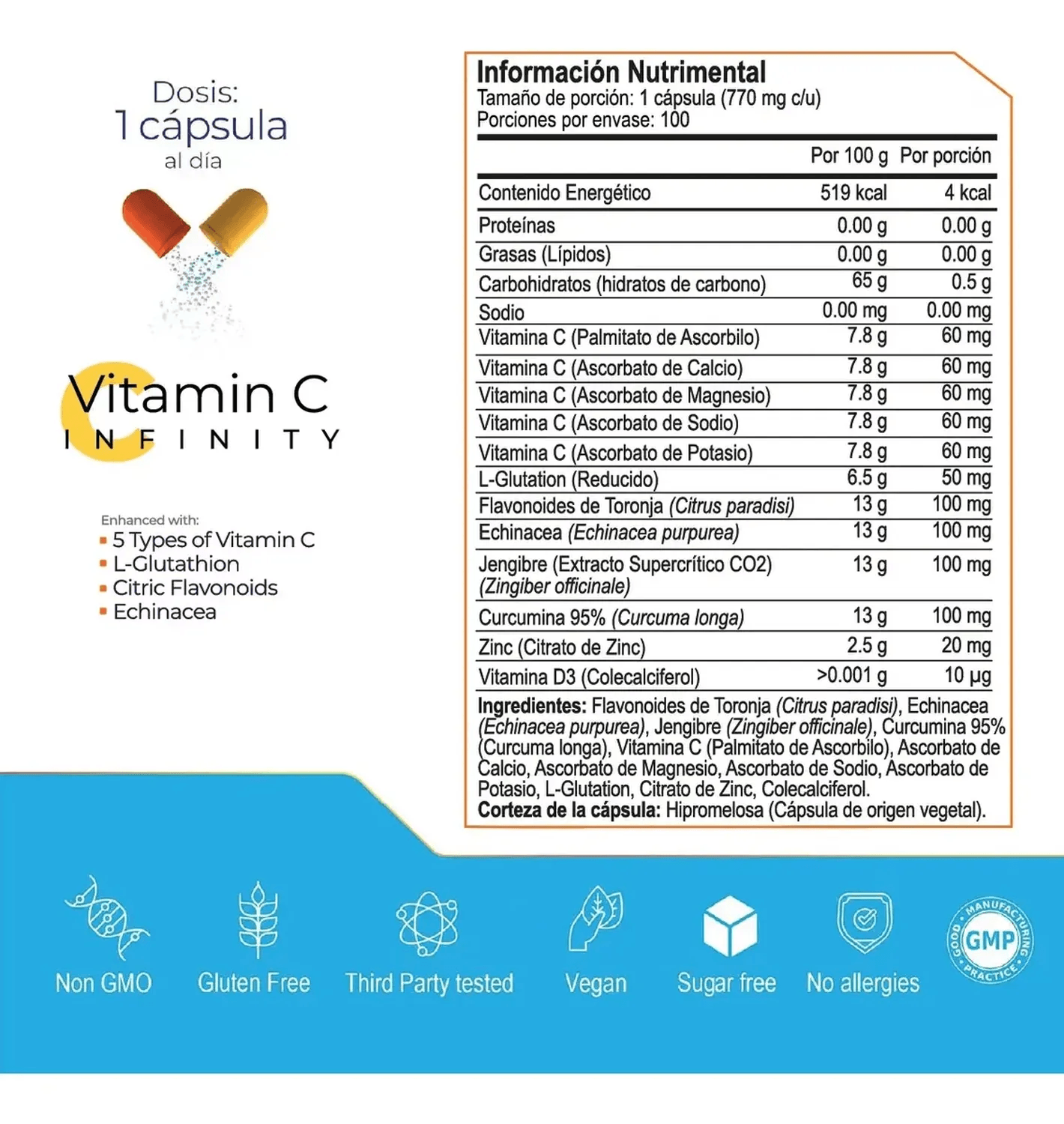 Infinity: Vitamina C + L-Glutatión, Zinc + Flavonoides, para Síntesis de Colágeno, 100 Cápsulas — imagen 3