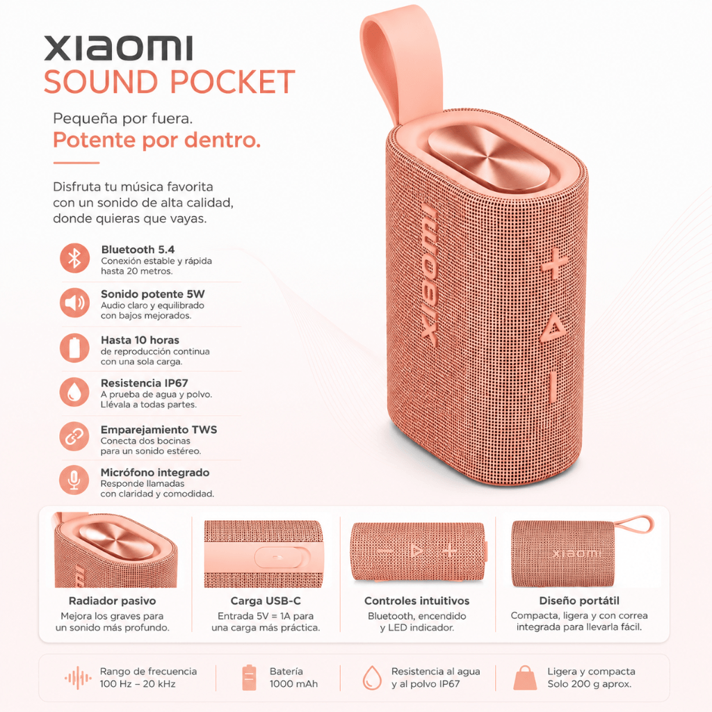 SMARTWATCH XIAOMI REDMI WATCH 6 ACTIVE (ORANGE) + BOCINA XIAOMI SOUND POCKET (ROSA) + AUDIFONOS G-TIDE L42 (ROSA) — imagen 4