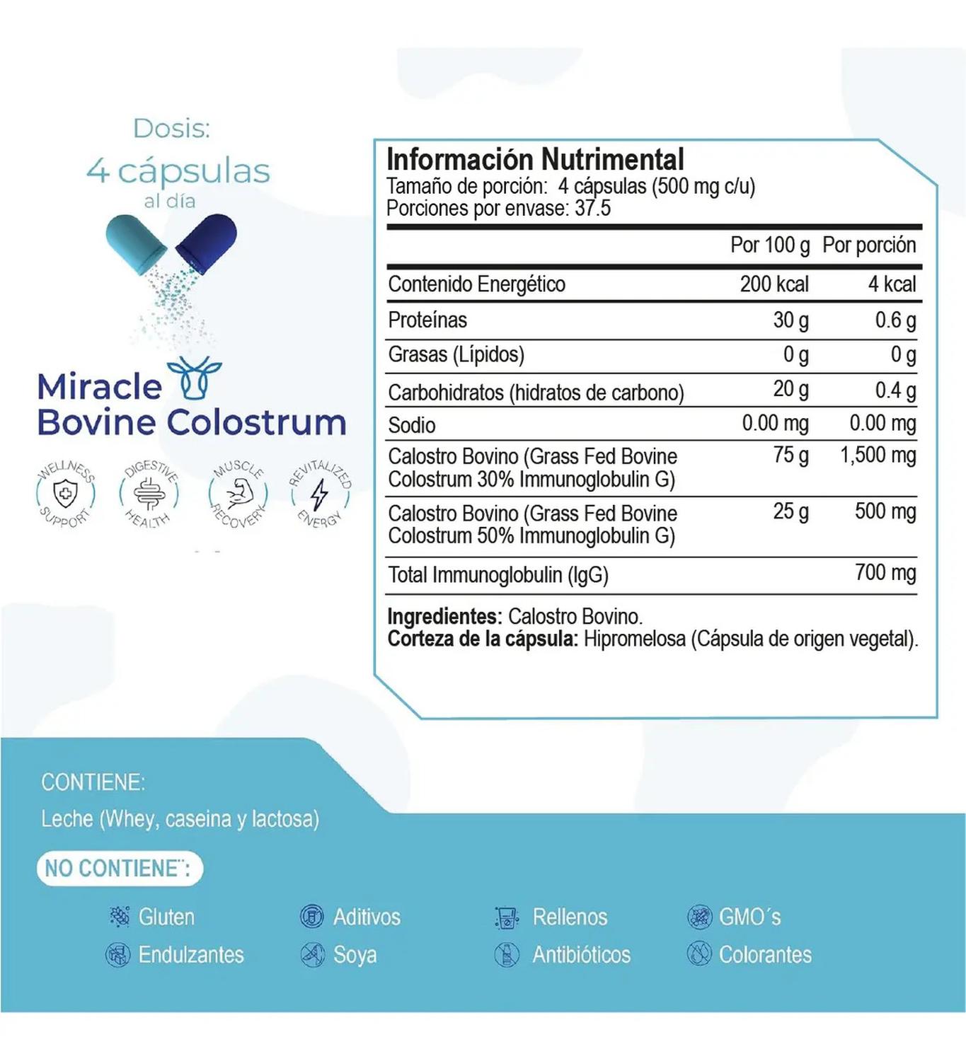 Miracle: Calostro Bovino 50% IgG, Inmunoglobulinas y Factores de Crecimiento, 150 Cápsulas — imagen 6