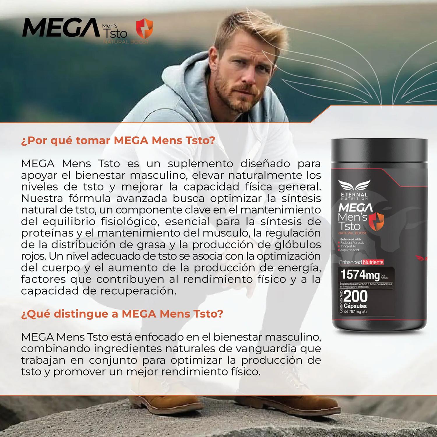 Mega Men's Testo: Tongkat Ali + Maca Negra + Creatina + Zinc + Fadogia, Fuerza+Energía, 200 Cápsulas — imagen 5