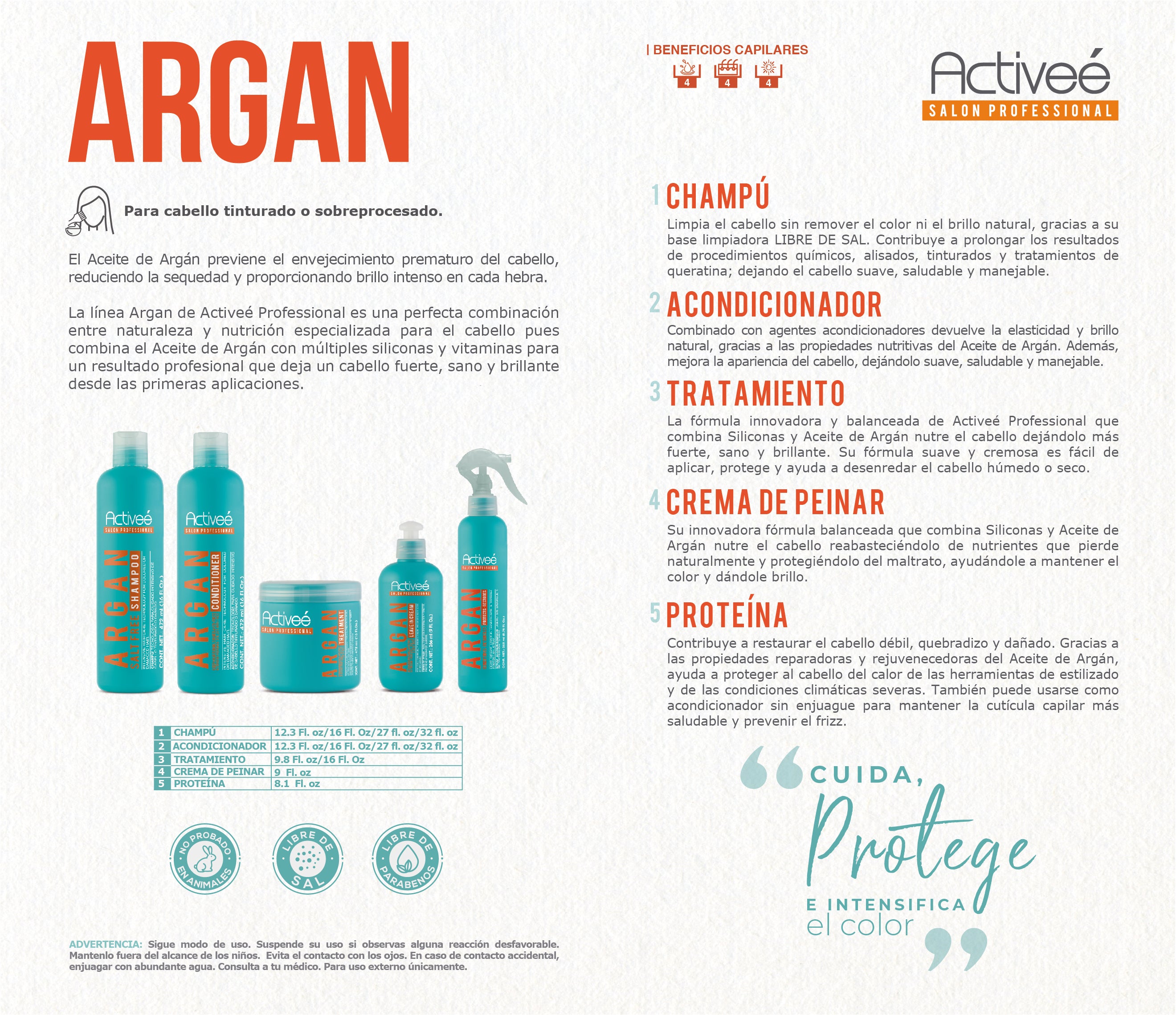 Tratamiento Capilar Activee Professional Argan Tecnologia para cuidado Intensivo de Cabello Teñido o Dañado Libre de Sal — imagen 3