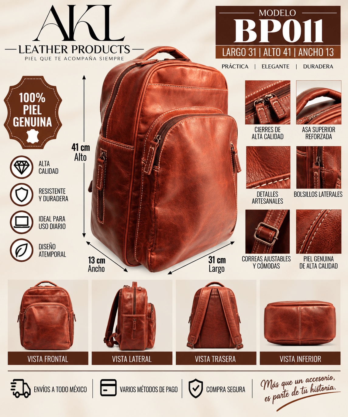 Mochila Grande De Piel Legitima Genuina Espaciosa Bp011 — imagen 2