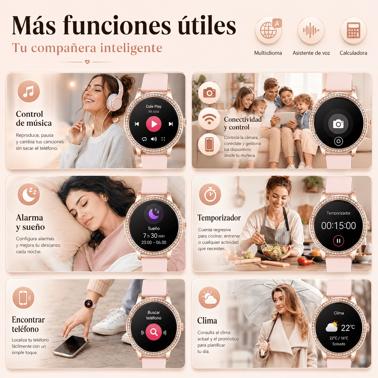 Smartwatch elegante para dama con diseño rosé, cristales brillantes y 2 correas incluidas — imagen 3
