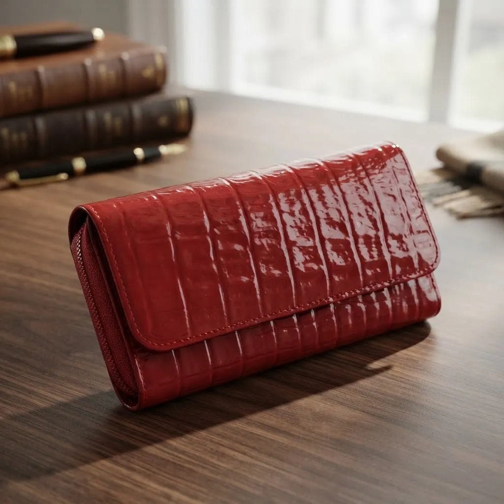 Cartera Para Dama De Charol Roja Grabado Tipo Cocodrilo mini con cierre — imagen 10
