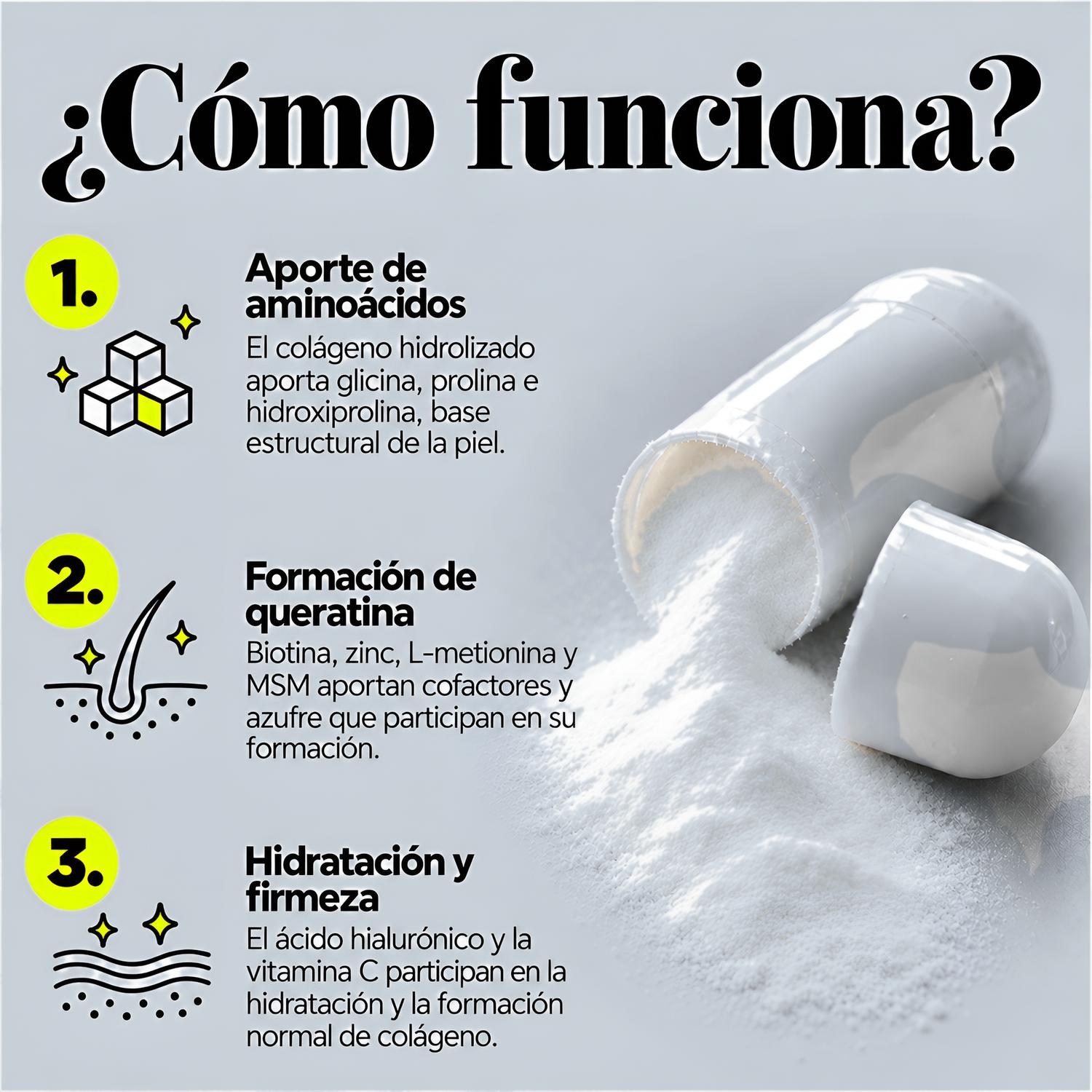 Healthy Me: Colágeno Hidrolizado, Biotina y Ácido Hialurónico para Cabello, Piel y Uñas, 60 Cápsulas — imagen 3