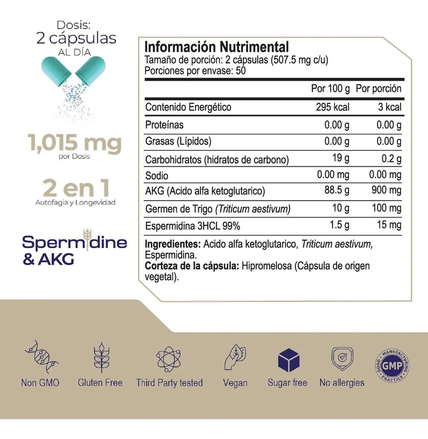 Essentials: Espermidina 99% + AKG, Ácido Alfa Cetoglutárico, para Autofagia Celular, 100 Cápsulas — imagen 2