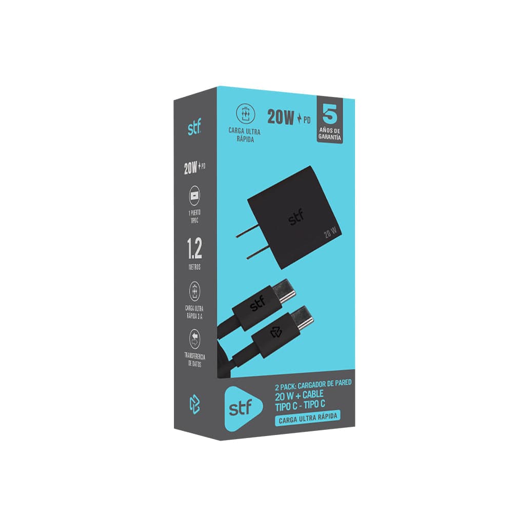 2 Pack STF: Cargador de pared 20W + Cable USB-C a USB-C 60W, Carga ultra rápida — imagen 4