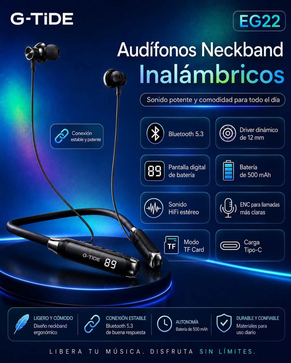 G-Tide EG22 Audífonos Neckband inalámbricos, micrófono, pantalla digital — imagen 12