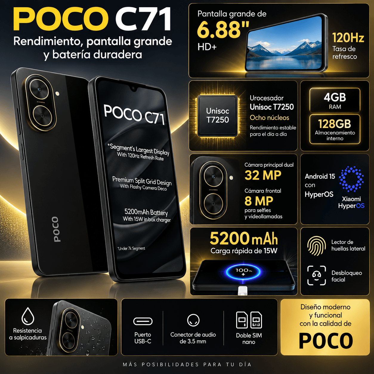 SMARTPHONE XIAOMI POCO C71 4/128 GB (NEGRO) + SMARWATCH HONOR CHOICE 2 EPIC AMOLED — imagen 3