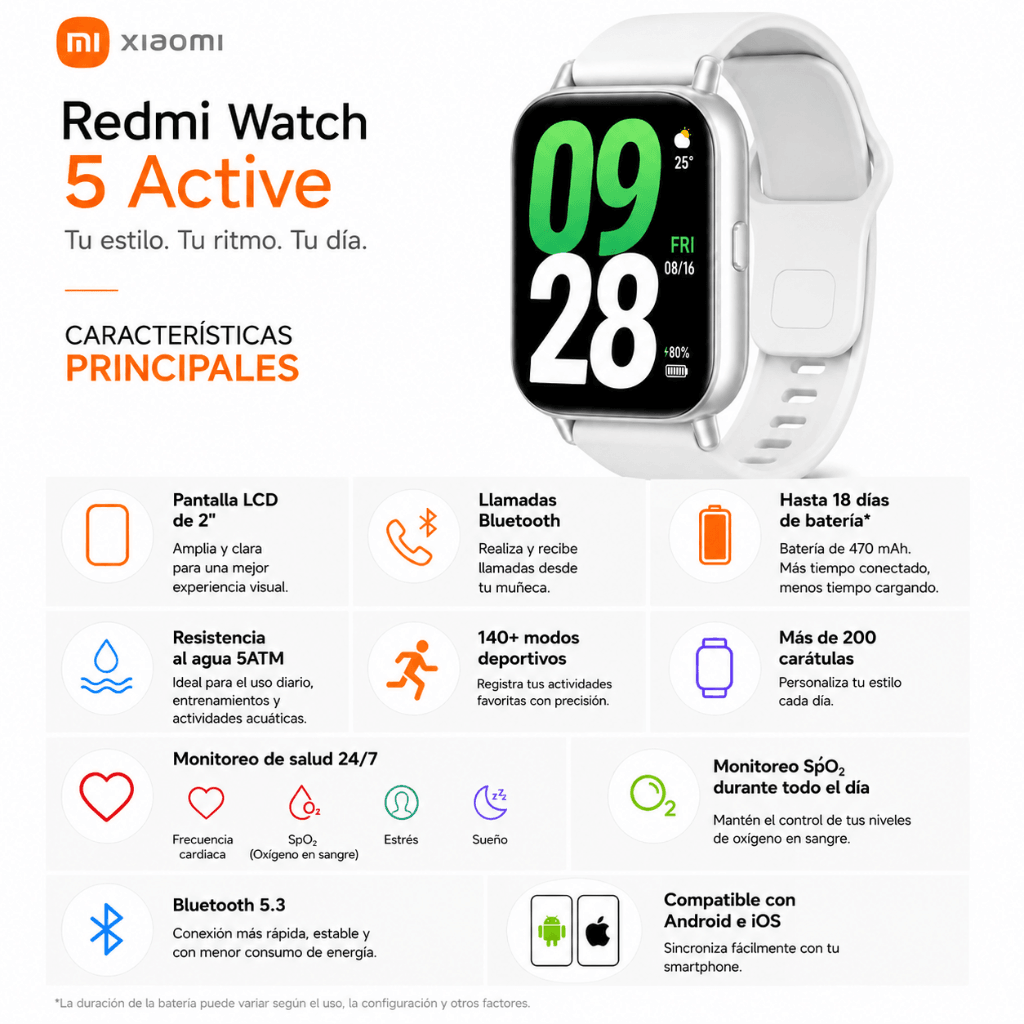 SMARTWATCH REDMI WATCH 5 ACTIVE (PLATA)+ AUDIFINOS 2 EN 1 HH MORE T55 PRO & MINI TWS (PLATA) — imagen 5