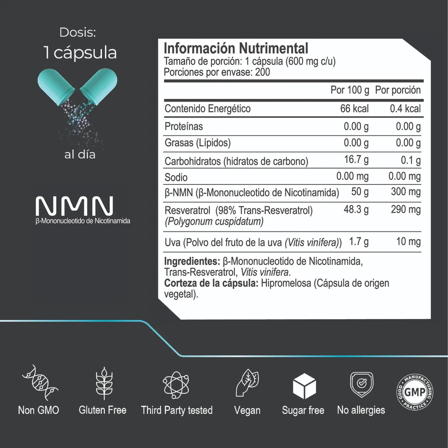Ultra Pure: NMN 99.5% + Resveratrol 98%, Precursor NAD+ y Longevidad Celular, 200 Cápsulas — imagen 3