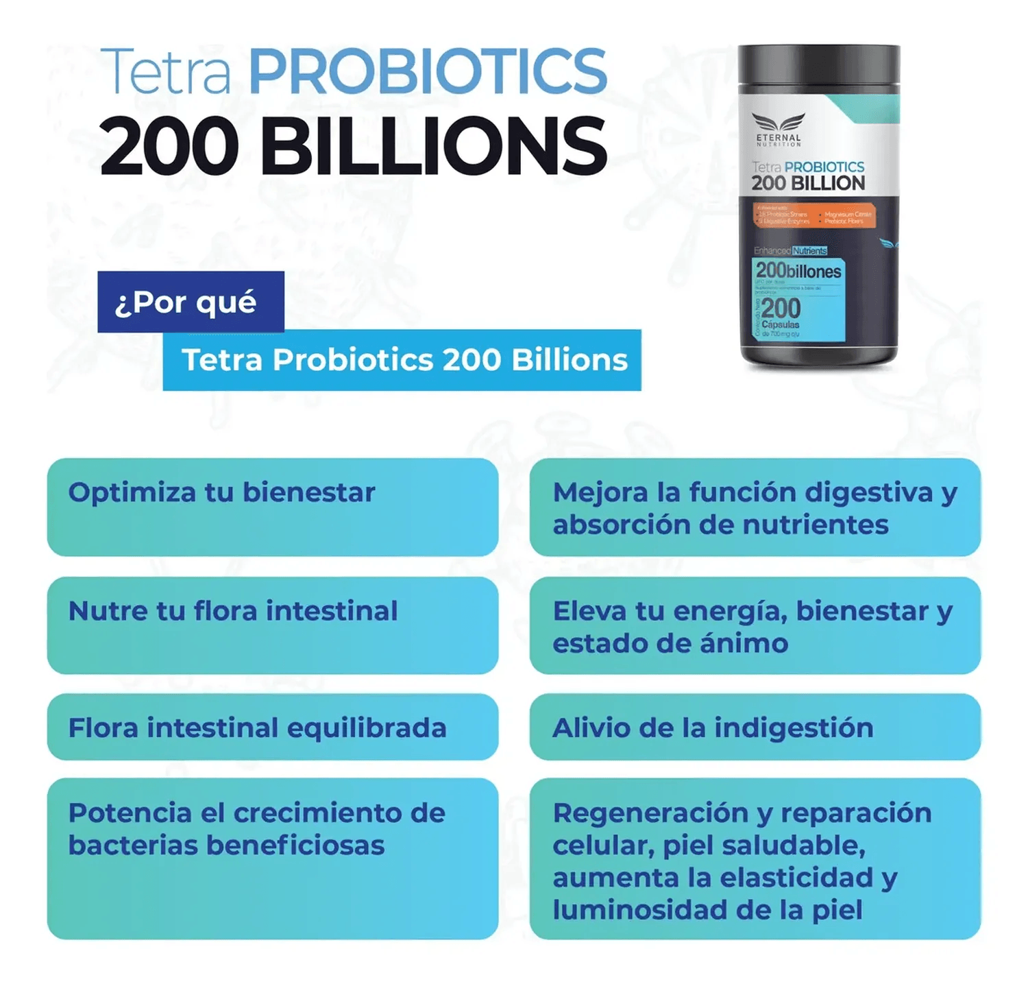 Tetra Probióticos 200 Billones UFC, Fibras Prebióticas + Enzimas Digestivas + Inulina, 200 Cápsulas — imagen 6