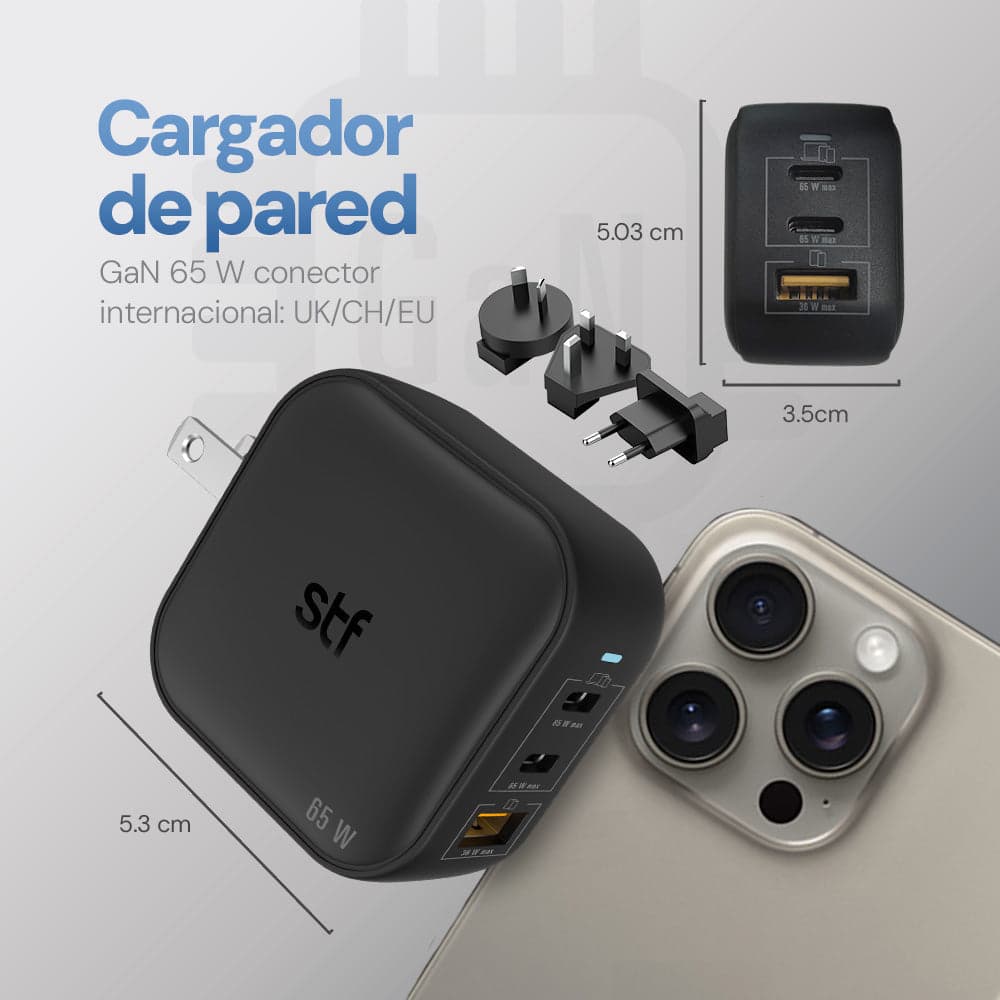 Cargador Pared GaN 65W 3 Salidas + Adaptadores UK/EU/AU Carga Ultra Rápida — imagen 7