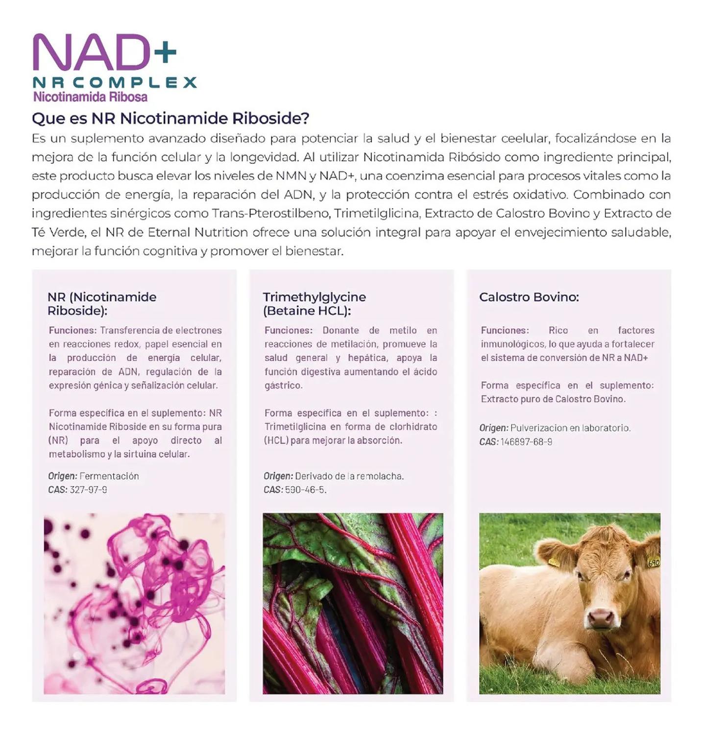 Essentials: NAD+ NR Complex, Nicotinamida Ribósida + Calostro + Trans-Pterostilbeno, 100 Cápsulas — imagen 4