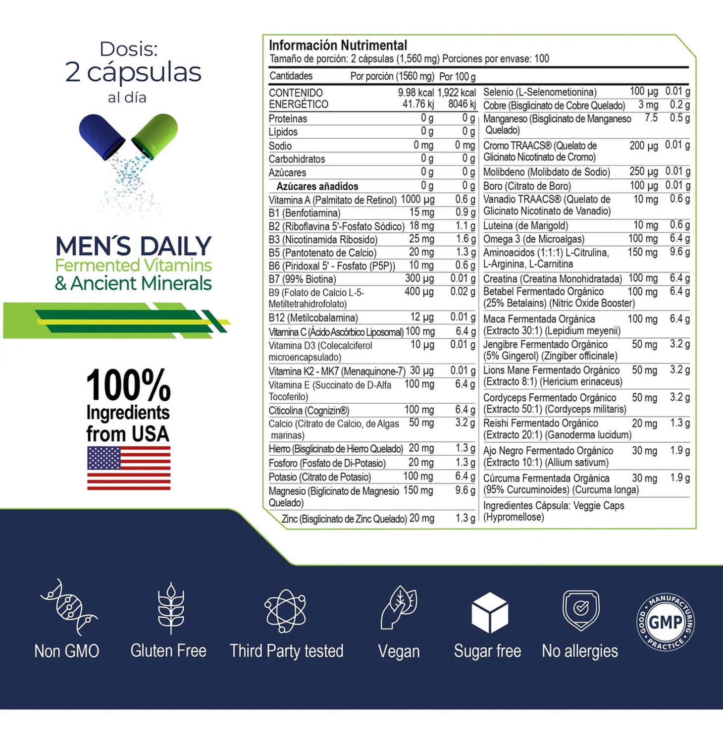 Men's Daily: Multivitamínico 4 en 1: Vitaminas, Minerales, Complejo B y Adaptógenos, 200 Cápsulas — imagen 2