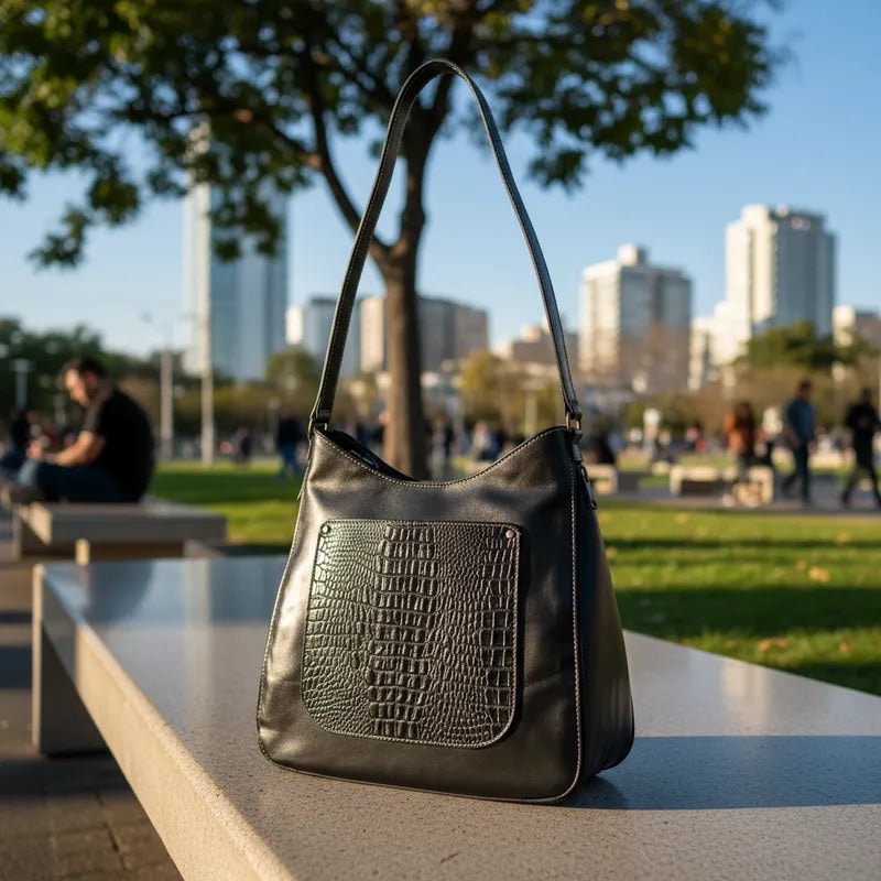 Bolsa De Hombro Negra Con Textura Tipo Exotico Cassandra — imagen 9