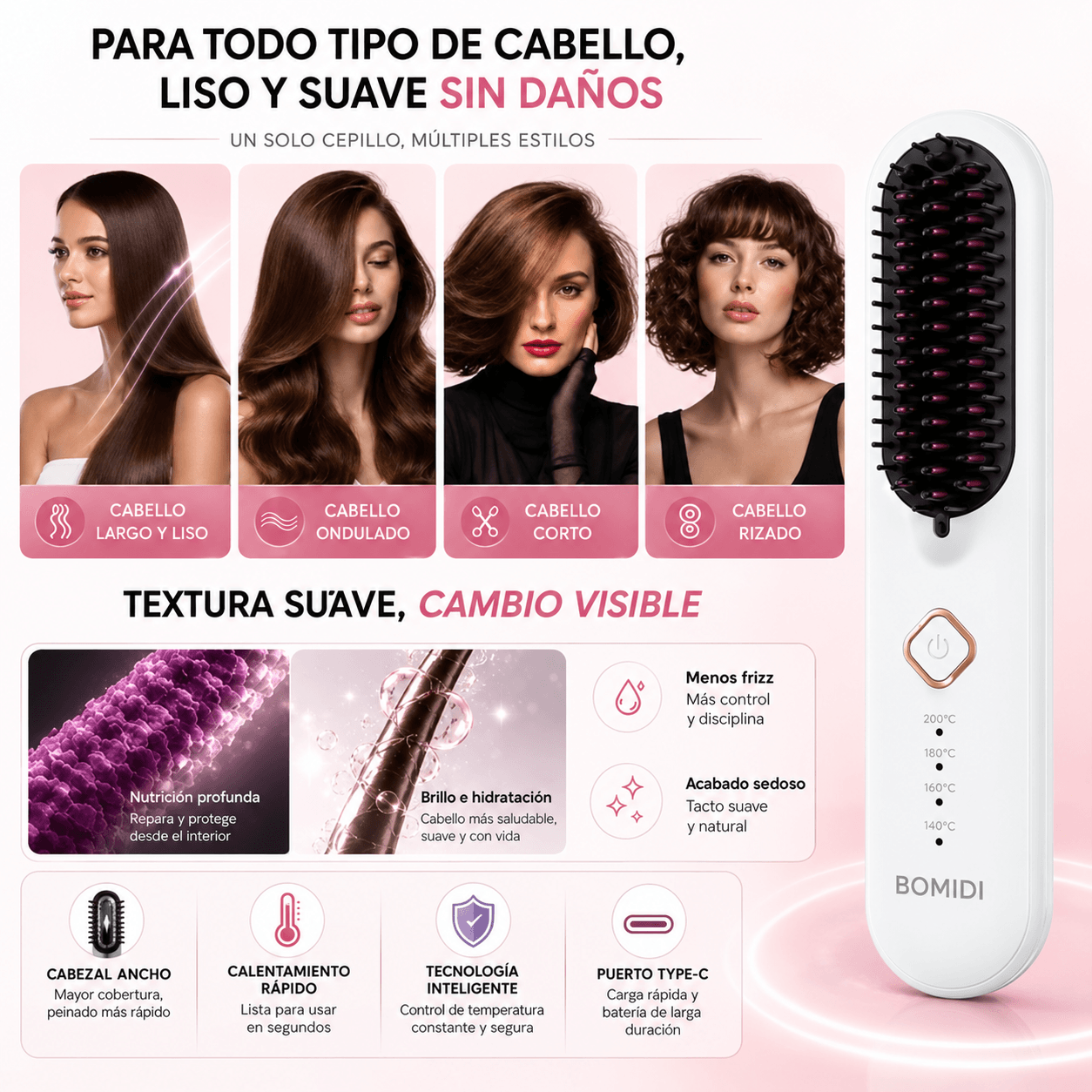 Cepillo Alisador Inalámbrico Alaciador Bomidi HB2 USB-C 4000mAh con 4 Temperaturas — imagen 6