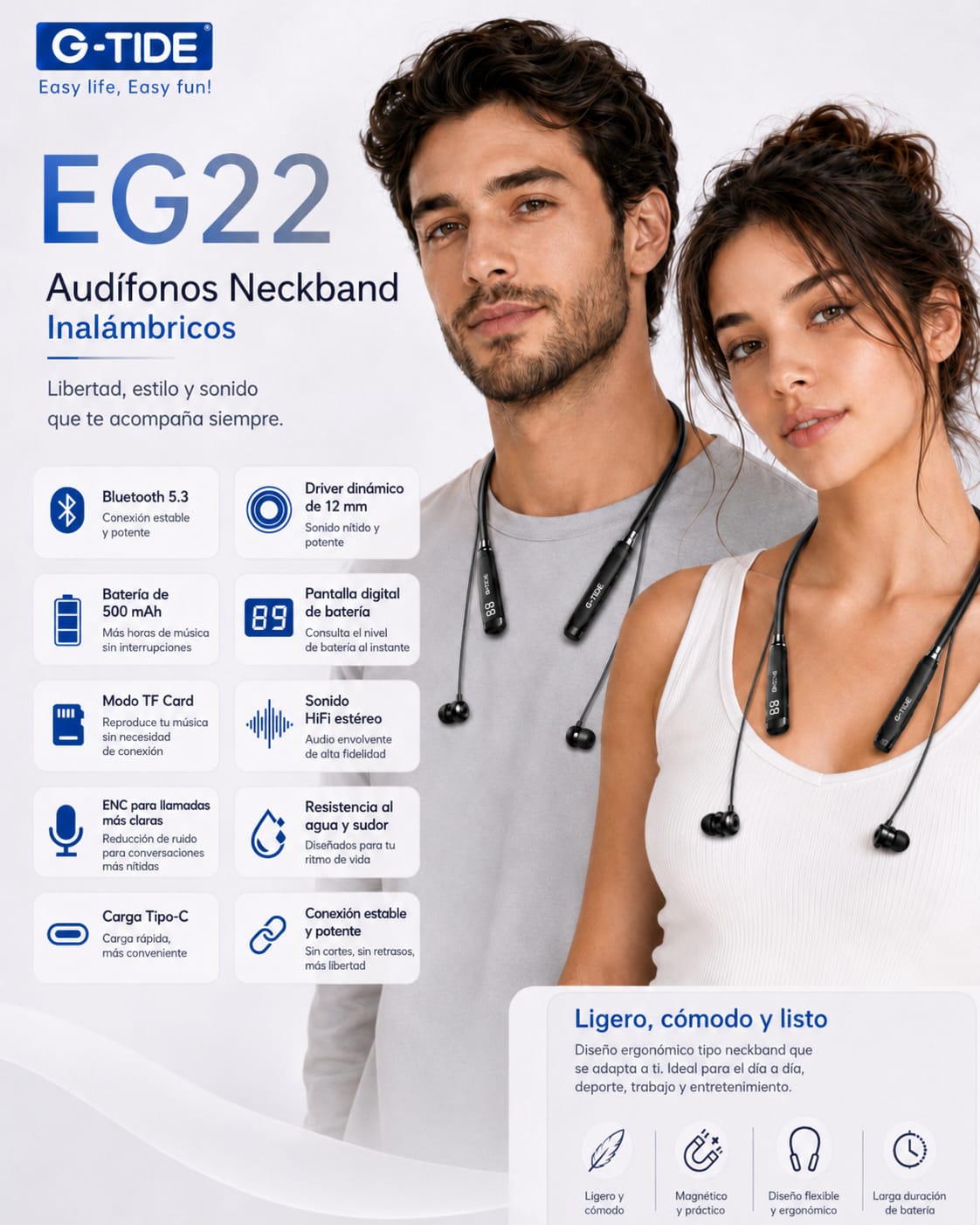 G-Tide EG22 Audífonos Neckband inalámbricos, micrófono, pantalla digital — imagen 10
